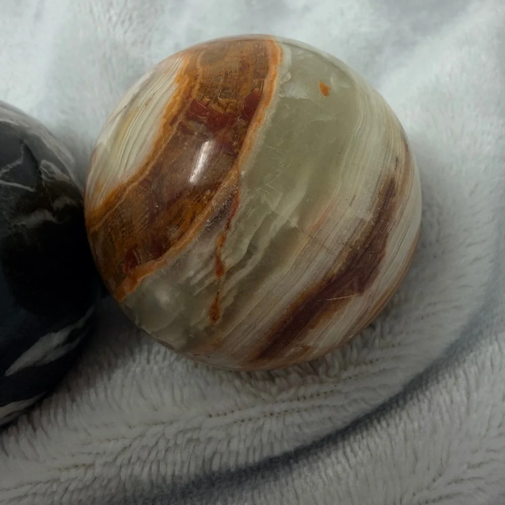 Vintage‎ Polished Stone Marble Onyx Decorative Eggs Black White Brown Set of 2